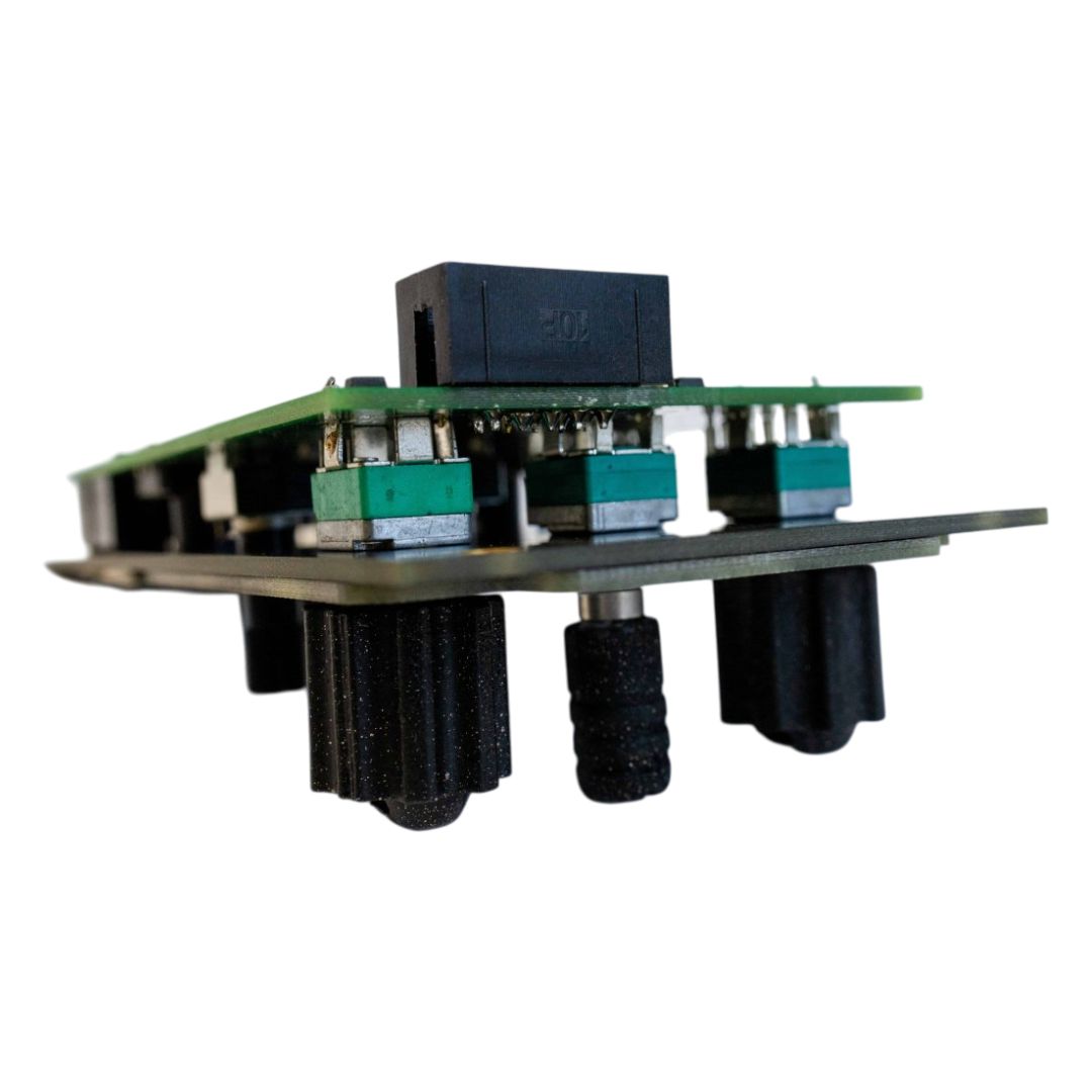 Close up top view of Maneco Labs Clusterverb Module on white background