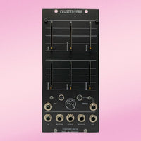 Front view of Maneco Labs Clusterverb Moog 5U Module on pink background
