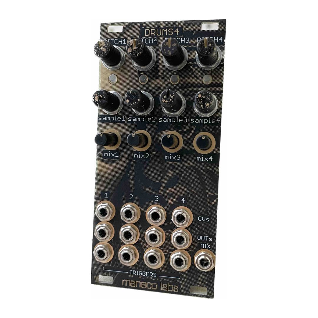 Angled front view of Maneco Labs Drums4 Module on white background