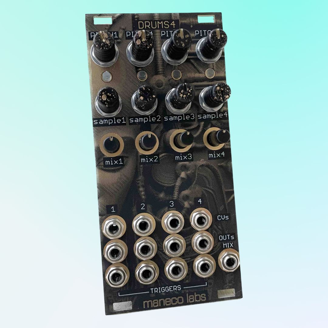 Angled front view of Maneco Labs Drums4 Module on blue background