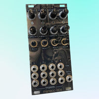 Angled front view of Maneco Labs Drums4 Module on blue background