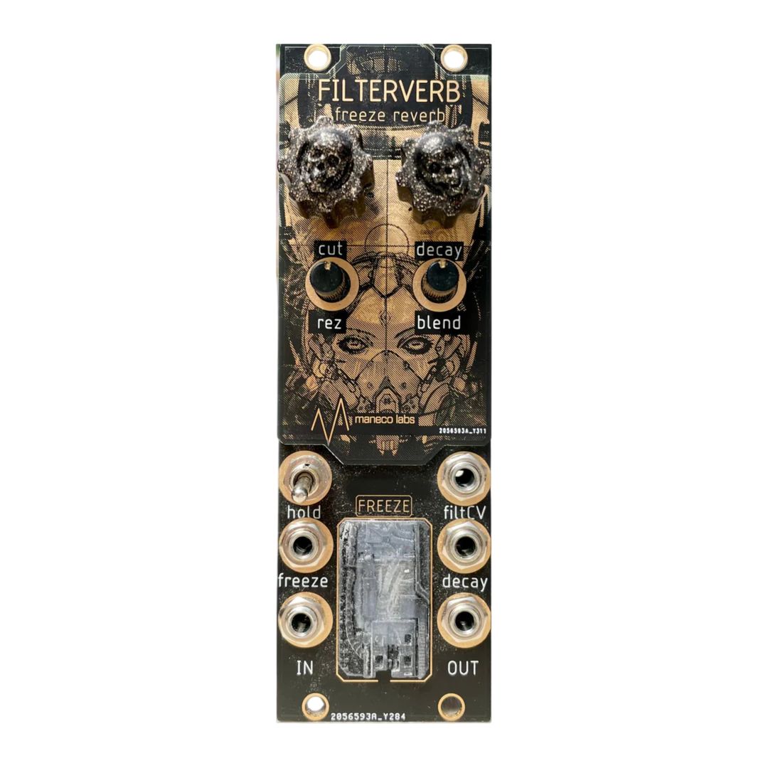 Front view of Maneco Labs Filterverb Freeze Reverb Module on white background