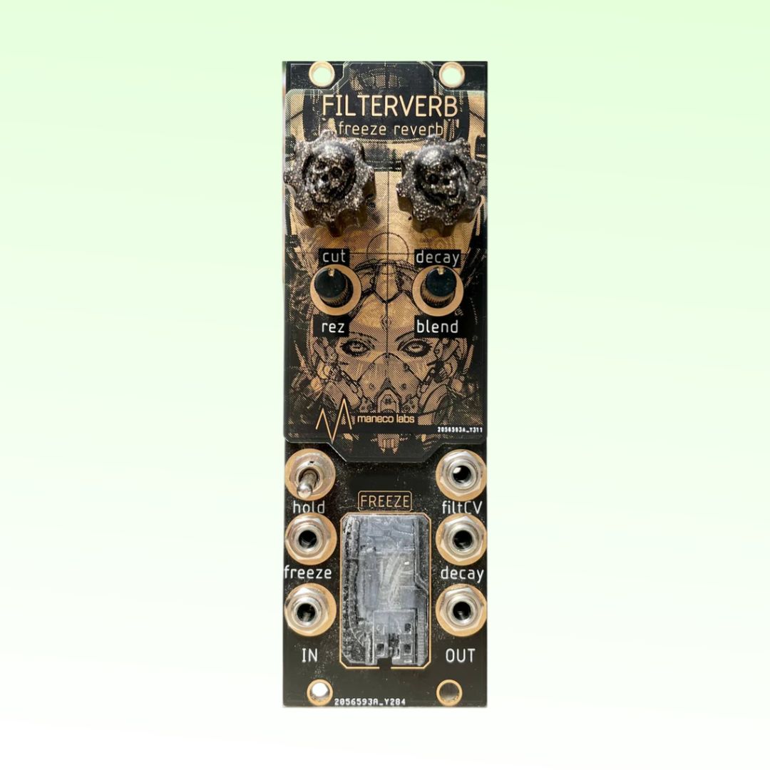 Front view of Maneco Labs Filterverb Freeze Reverb Module on green background