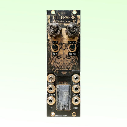 Front view of Maneco Labs Filterverb Freeze Reverb Module on green background