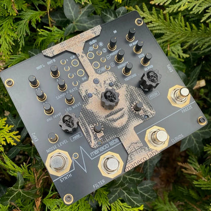 Angled view of Maneco Labs Grone Drone Pedal on leaves