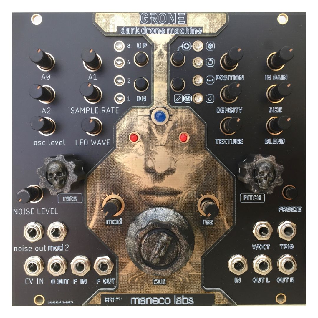 Front view of Maneco Labs Grone Drone Synth Module on white background