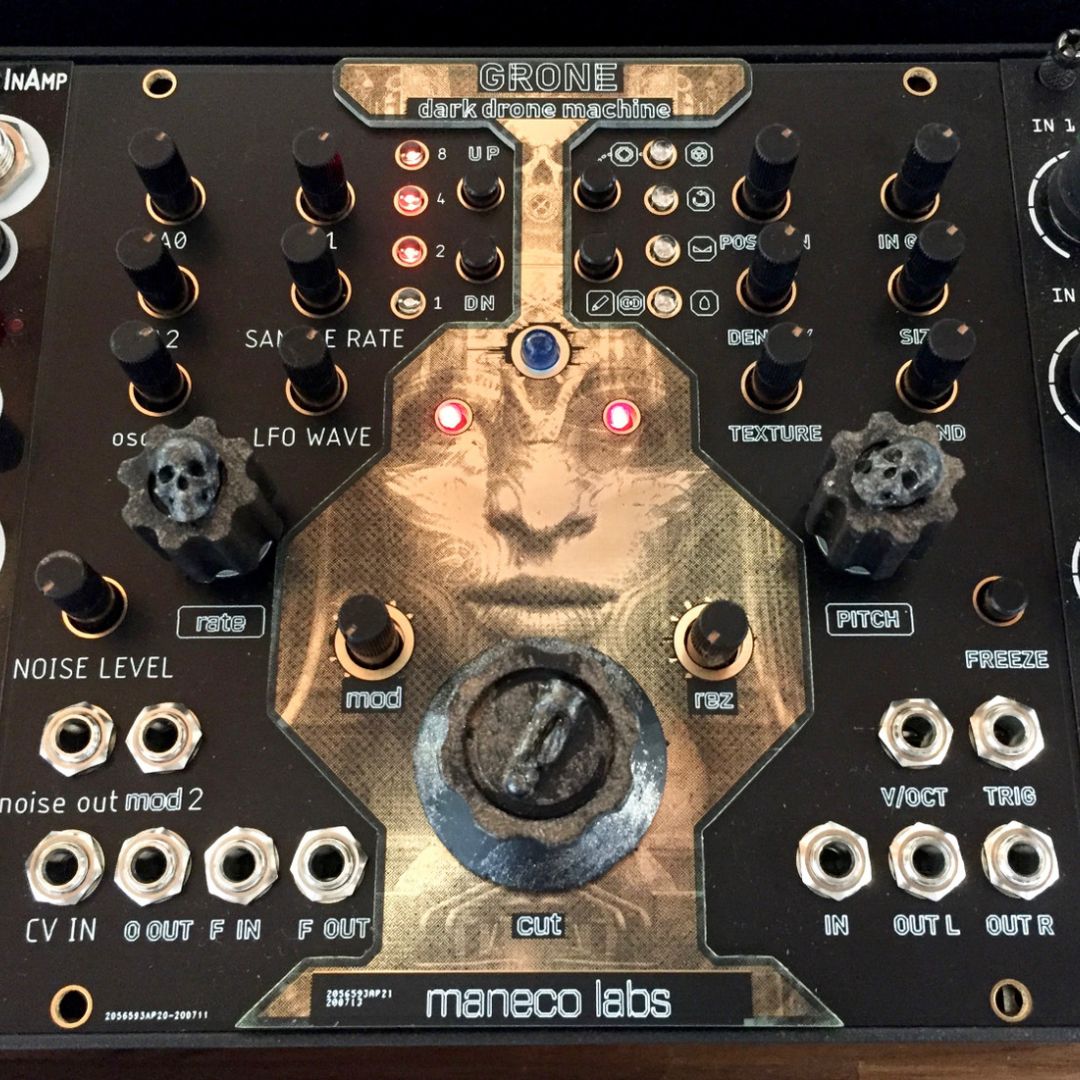 Front view of Maneco Labs Grone Drone Synth Module with other eurorack modules beside it