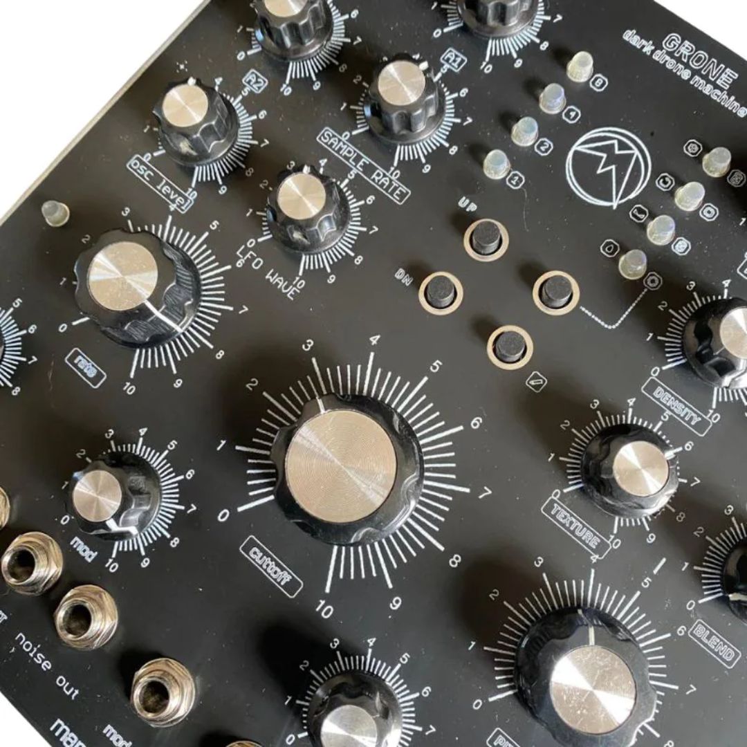 Angled close up view of Maneco Labs Grone Drone Synth Voice Moog 5U Module on white background