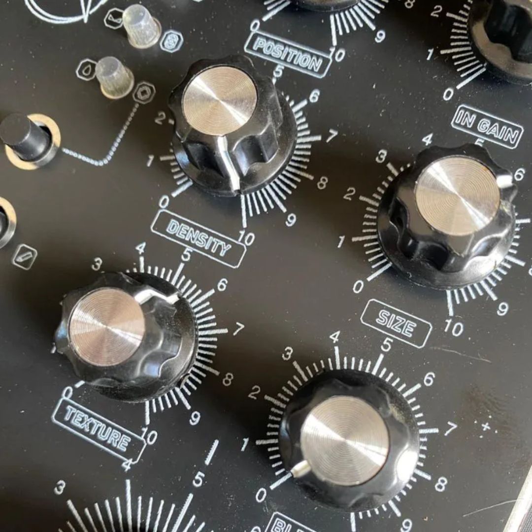 Angled close up view of Maneco Labs Grone Drone Synth Voice Moog 5U Module on white background