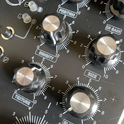 Angled close up view of Maneco Labs Grone Drone Synth Voice Moog 5U Module on white background