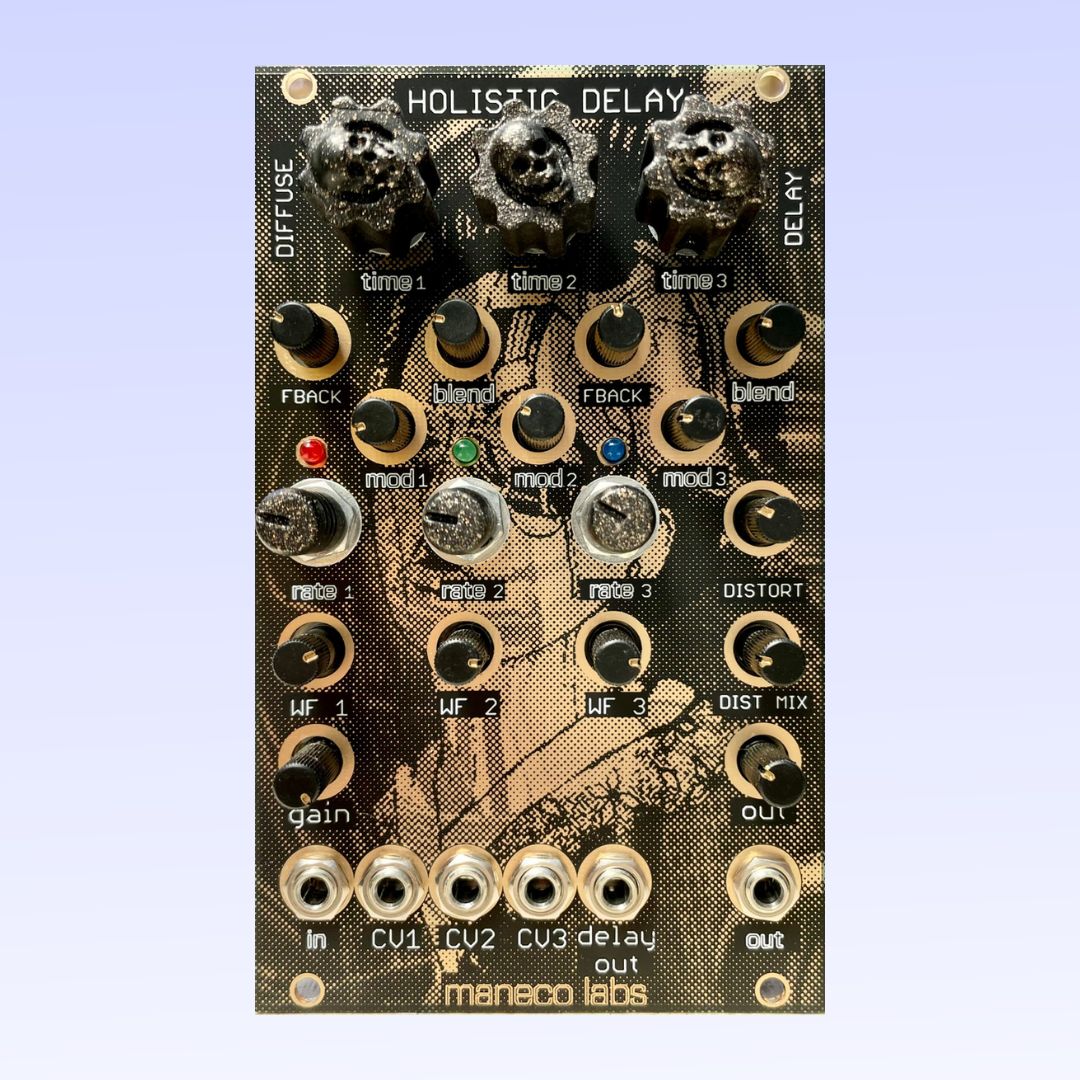 Front view of Maneco Labs Holistic Delay Module on purple background