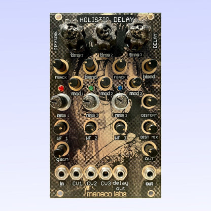 Front view of Maneco Labs Holistic Delay Module on purple background