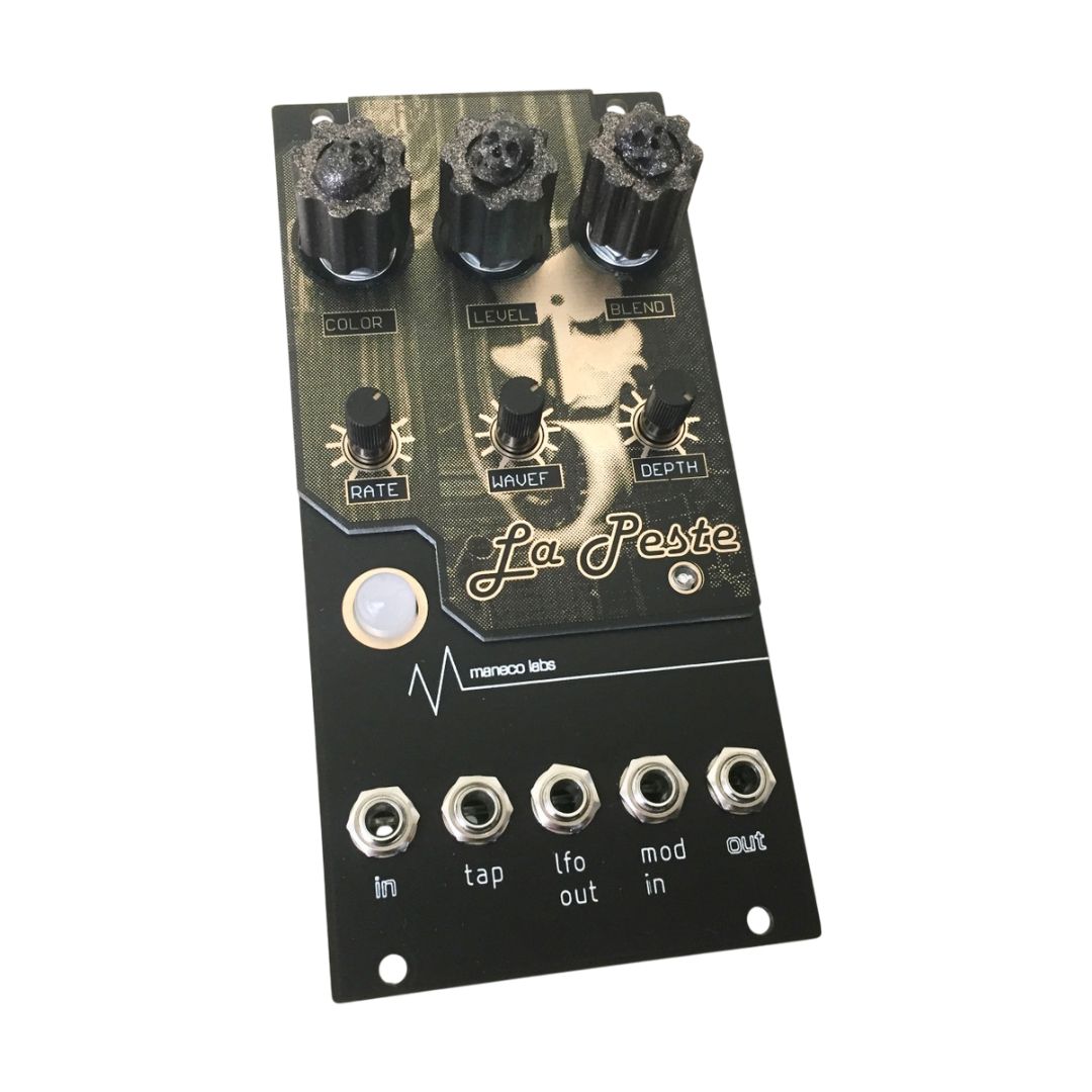 Angled view of Maneco Labs La Peste Fuzz Module on white background