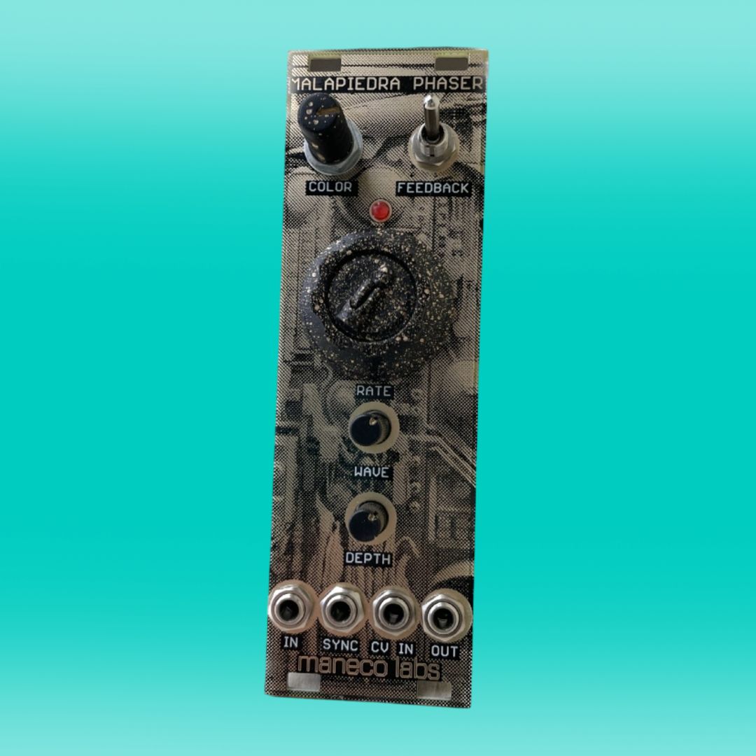 Angled front view of Maneco Labs Mala Piedra Phaser Module on turquoise background