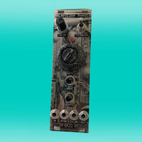 Angled front view of Maneco Labs Mala Piedra Phaser Module on turquoise background