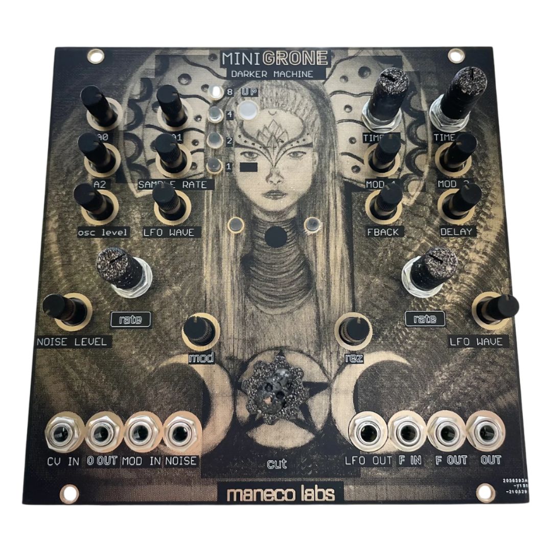 Angled front view of Maneco Labs Mini Grone Drone Synth Module on white background