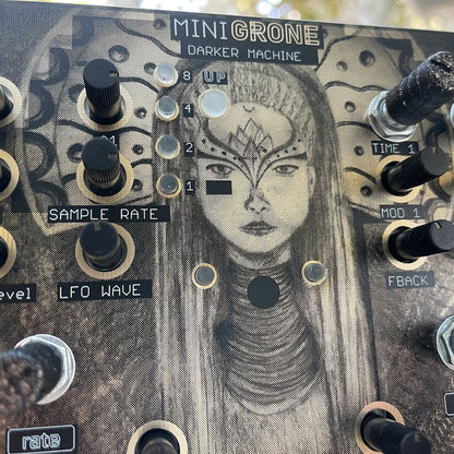 Close up front view of Maneco Labs Mini Grone Drone Synth Module