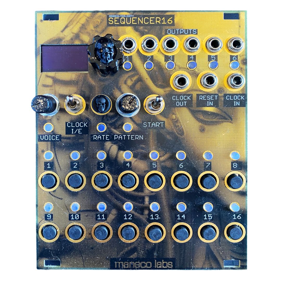 Front view of Maneco Labs SEQUENCER16 Module on white background