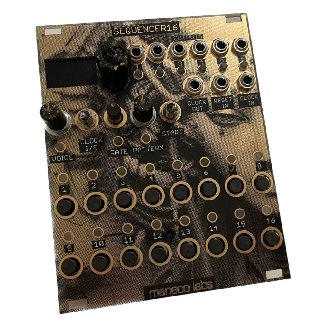Angled front view of Maneco Labs SEQUENCER16 Module on white background