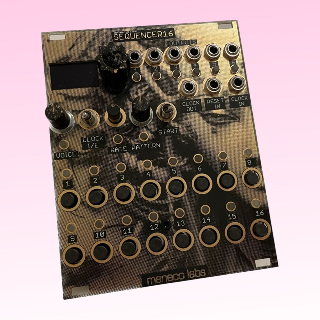 Angled front view of Maneco Labs SEQUENCER16 Module on pink background