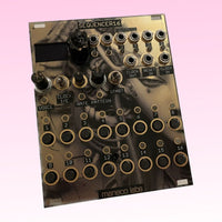 Angled front view of Maneco Labs SEQUENCER16 Module on pink background