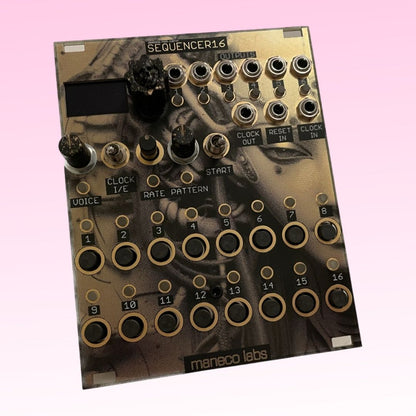 Angled front view of Maneco Labs SEQUENCER16 Module on pink background