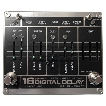 Front view of Maneco Labs Sixteen Second Delay Reissue Silver Pedal on white background