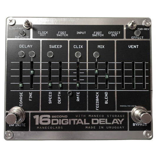 Front view of Maneco Labs Sixteen Second Delay Reissue Silver Pedal on white background