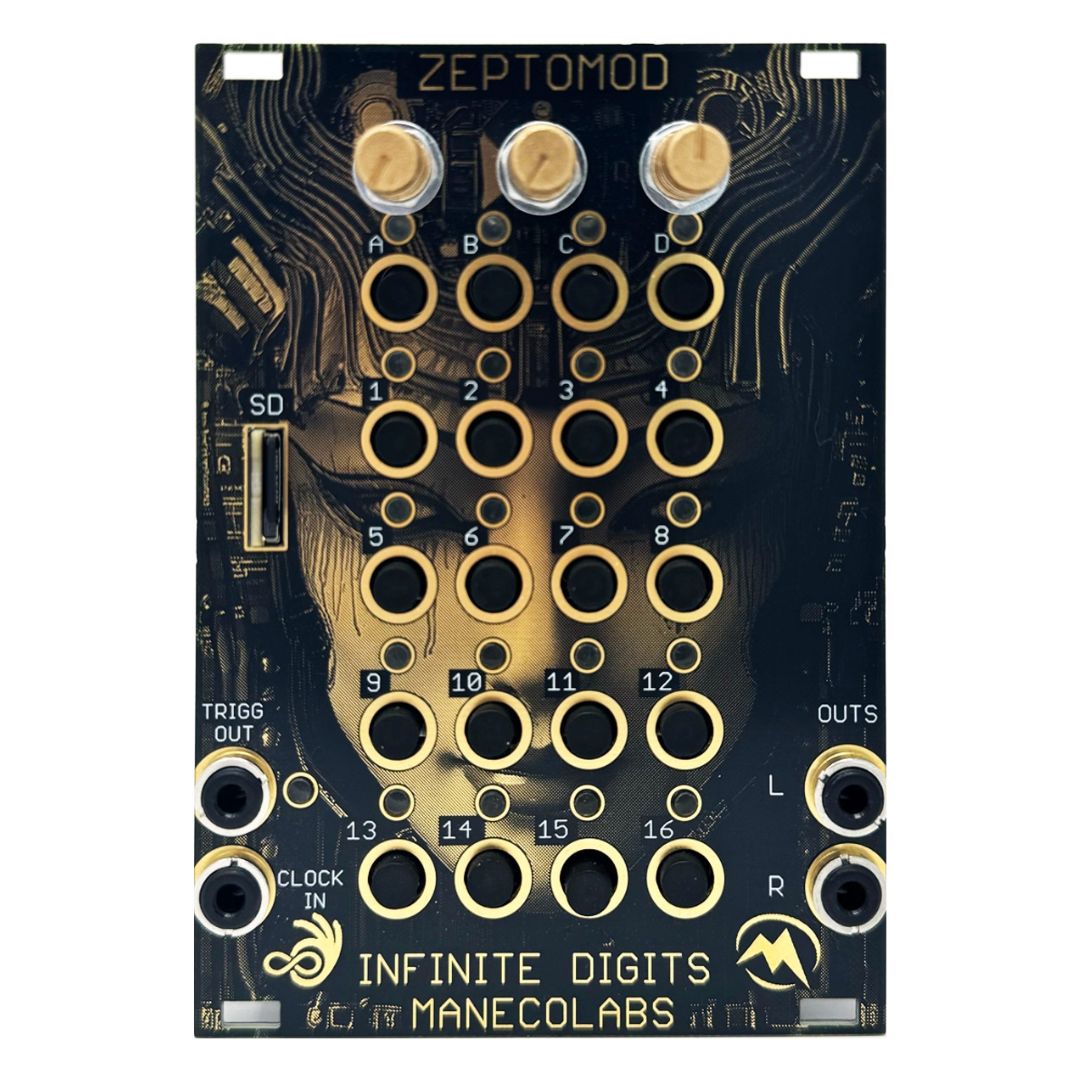 Front view of Maneco Labs Zeptomod Module Black and Gold Panel on white background