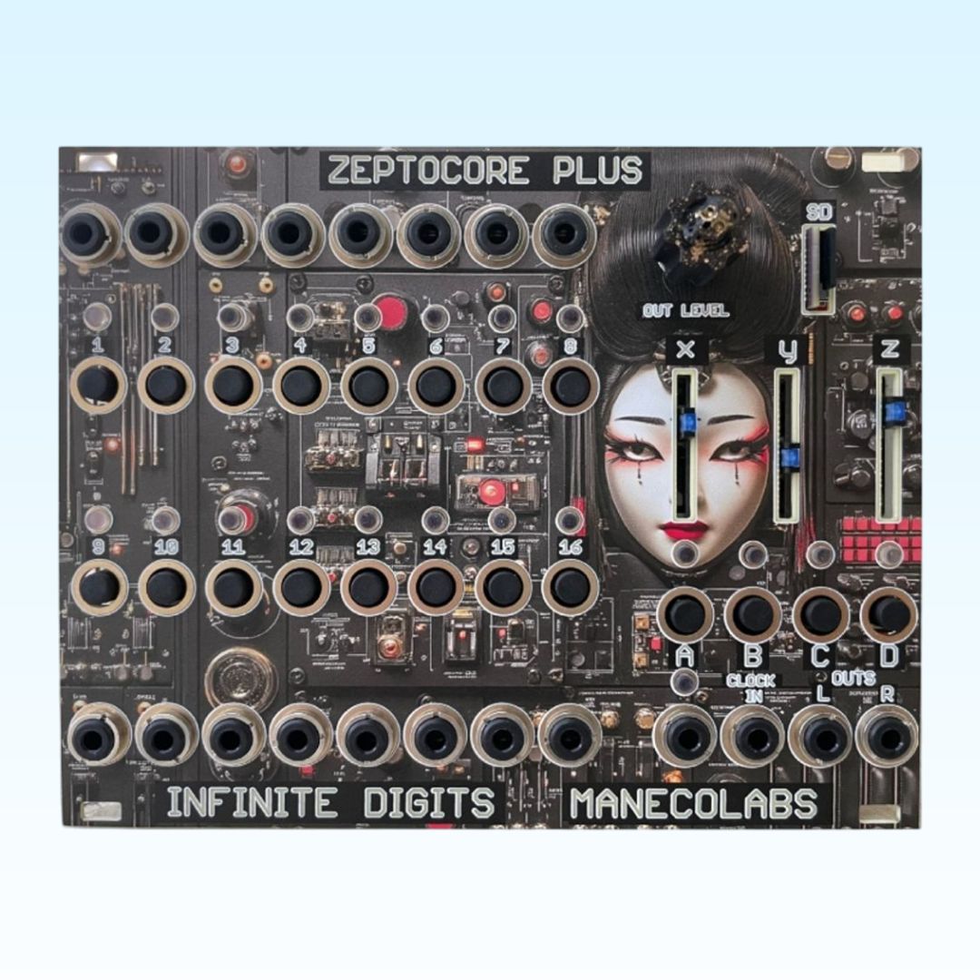 Front view of Maneco Labs Zeptomod Plus Module on blue background