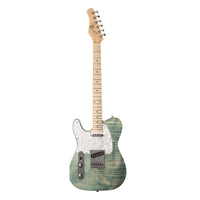 Electric guitar with a green and brown striped body on a white background