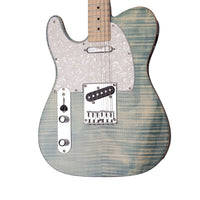 Electric guitar with a blue and gray finish on a white background
