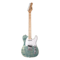 Electric guitar with a blue and green pattern on a white background