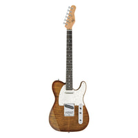 Electric guitar with a wooden body and white pickguard on a white background