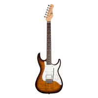 Electric guitar with a sunburst finish on a white background