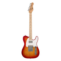 Electric guitar with a sunburst finish on a white background