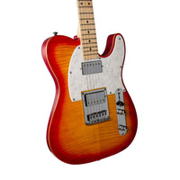 Electric guitar with a sunburst finish on a white background