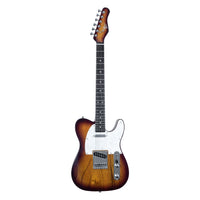 Electric guitar with a sunburst finish on a white background