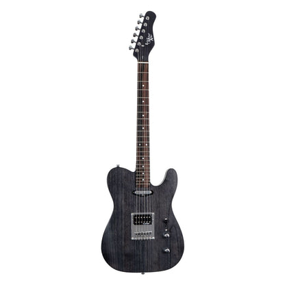 Black electric guitar on a white background