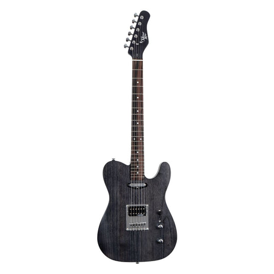 Black electric guitar on a white background