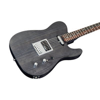 Black electric guitar on a white background