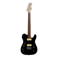 Black electric guitar with a white pickguard on a white background