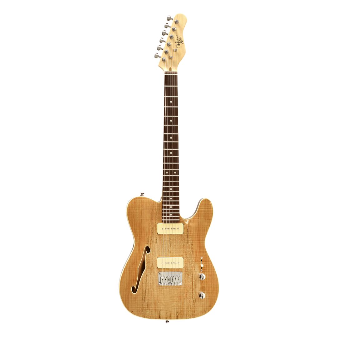 Electric guitar with a natural wood finish on a white background