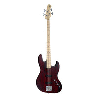 Electric bass guitar with a red-brown finish on a white background