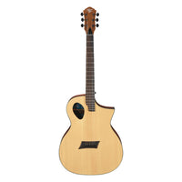 Acoustic guitar with a cutaway design on a white background