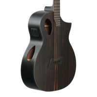 Dark wood acoustic guitar on a white background