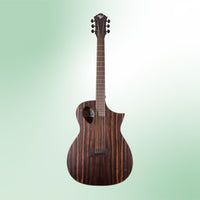 Wooden guitar on a light green gradient background