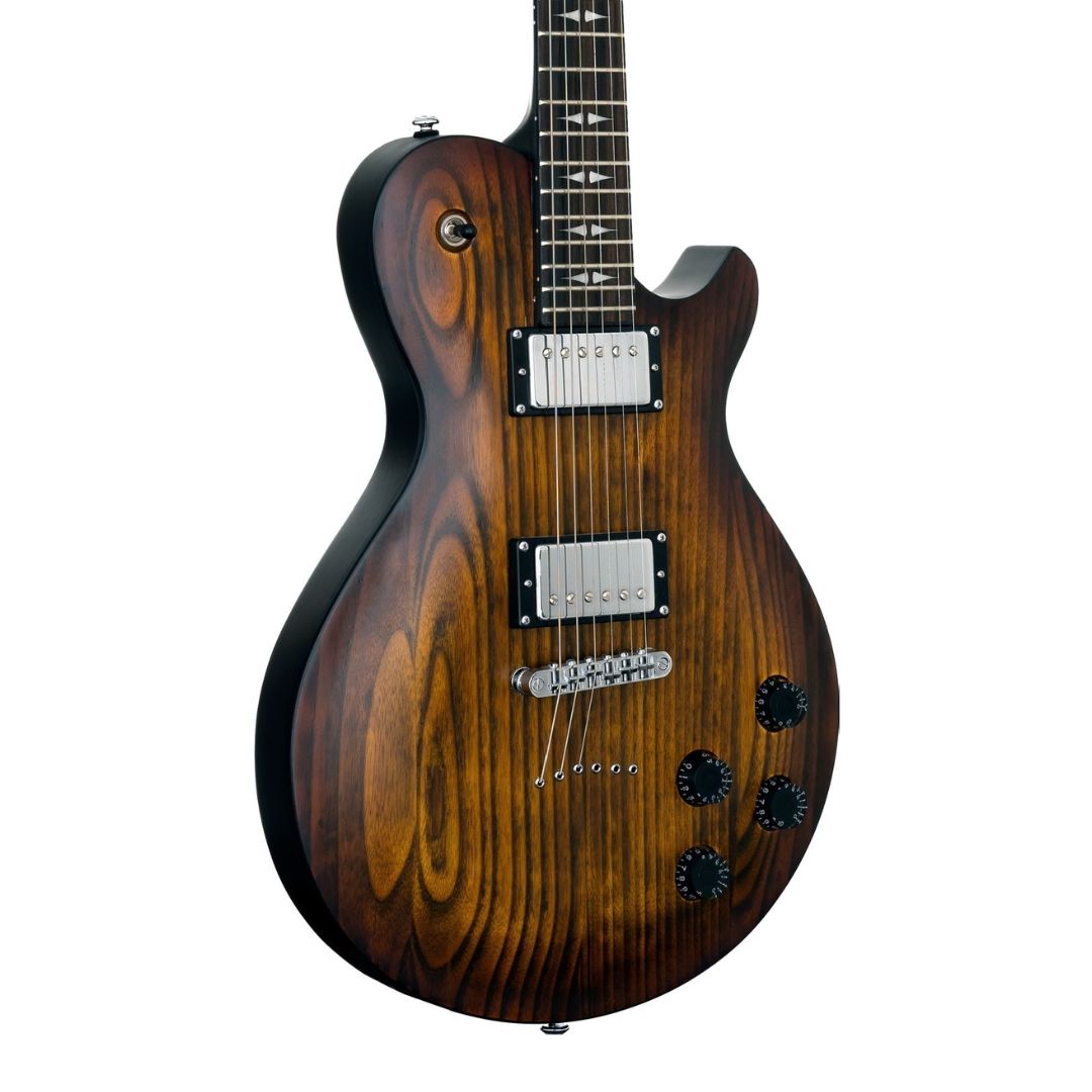 Wooden electric guitar on a white background