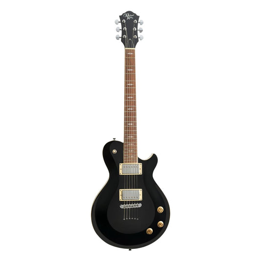 Black electric guitar on a white background