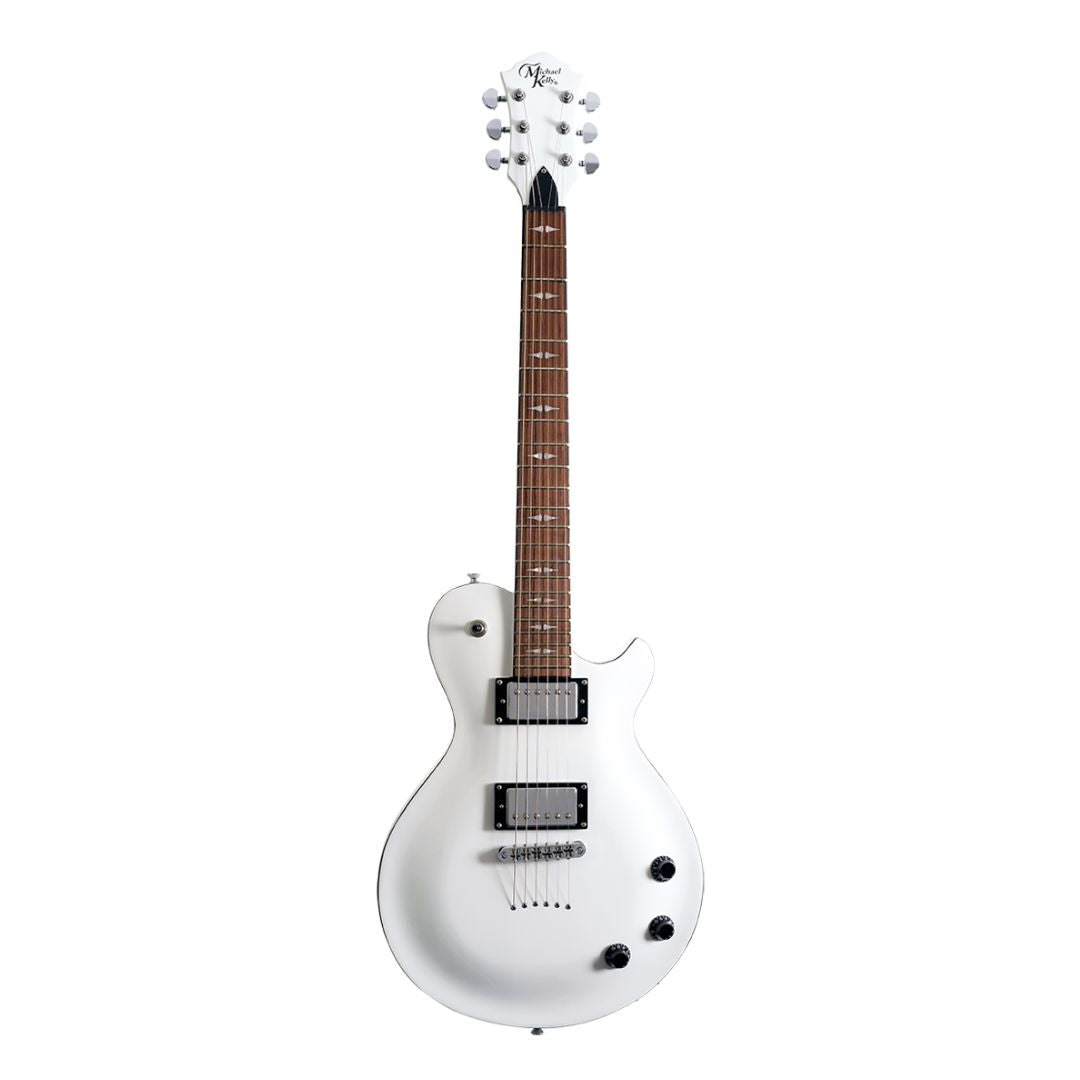 White electric guitar with a brown neck on a white background